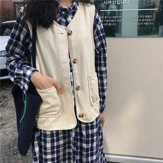 Tie-neck Plaid Midi Shirt Dress/ Button Vest