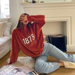 Letter Zipped Velvet Sweatshirt