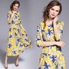 Floral 3/4-sleeve Midi A-line Dress