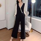 Two-tone Long-sleeve Cropped Wide-leg Jumpsuit