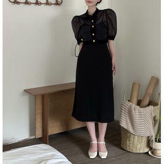Short-sleeve Mesh Blouse / Spaghetti-strap Midi A-line Dress