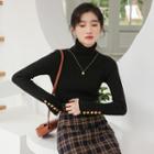 Long-sleeve Turtleneck Knit Top Black - One Size