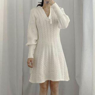 V-neck Cable Knit A-line Mini Dress