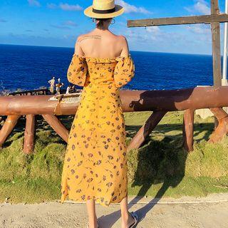 Elbow-sleeve Lace Up Floral A-line Midi Dress