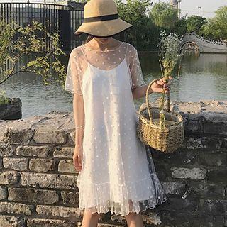 Set: Short-sleeve Dotted Mesh Dress + Slipdress