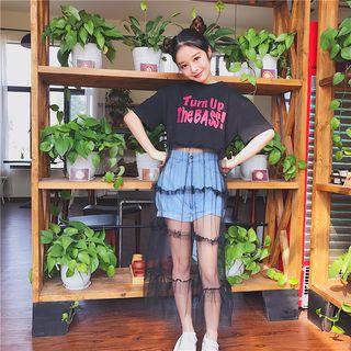 Short Sleeve Letter Mesh Panel Hem Top