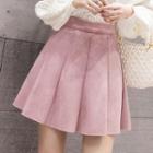 Plain Suede Pleated A-line Mini Skirt