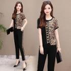 Set: Short-sleeve Leopard Print Panel Top + Pants