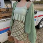Knit Camisole / Mini A-line Plaid Skirt / Button Cardigan