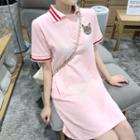 Cat Embroidered Short-sleeve Polo Dress Pink - One Size