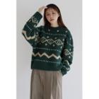 Nordic-pattern Boxy Sweater Green - One Size