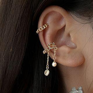Set Of 2: Chain Ear Cuff 2 Pair Set - Clip On Earring - Asymmetry - Gold - One Size