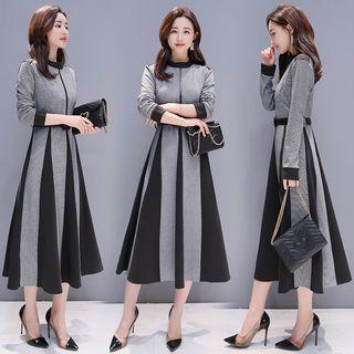 Long-sleeve Houndstooth Godet Midi A-line Dress