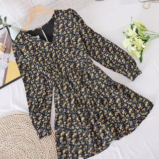 V-neck Floral Long-sleeve Dress Black - One Size