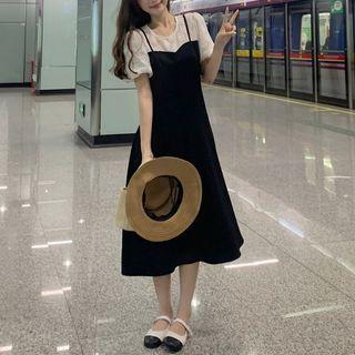 Short-sleeve Mock Two-piece Lace Panel Dress