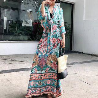 3/4-sleeve Printed Jacket / Maxi A-line Skirt