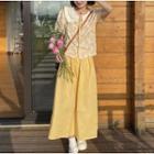 Puff-sleeve Floral Top / Plain Midi Skirt
