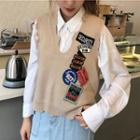 Distressed V-neck Badge Knit Vest