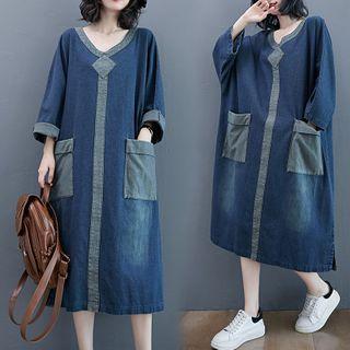 3/4-sleeve Denim Midi Shift Dress
