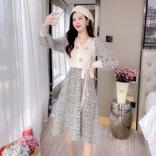 Long-sleeve Knit Panel Floral A-line Dress