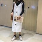Long-sleeve Knit Top / Sleeveless Button-front Midi Knit Dress