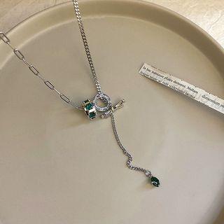 Rhinestone Pendant Alloy Necklace Green & Silver - One Size