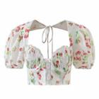 Puff-sleeve Cutout-back Floral Cropped Blouse