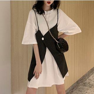 Set: 3/4-sleeve T-shirt Dress + Spaghetti Strap Striped Mini Dress
