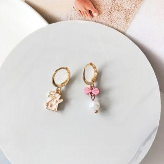 Rabbit Bow Faux Pearl Asymmetrical Alloy Dangle Earring 1 Pr - Earring - Pink - One Size