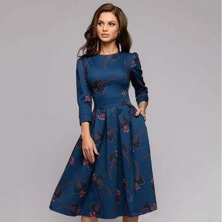 3/4-sleeve Floral Printed High-waist Pleated Dress