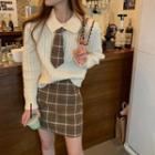Collared Sweater / Plaid Mini A-line Skirt