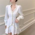 Faux Pearl Lantern-sleeve Ruffle Hem Mini A-line Dress