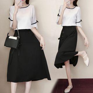 Set: Elbow-sleeve Top + Chiffon A-line Midi Skirt