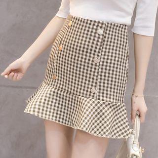 Plaid Double-breasted Ruffle Hem Mini Skirt