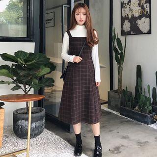 Plaid Strappy Midi A-line Dress Brown - One Size
