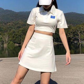 Set: Short-sleeve Lettering Embroidered Cropped Polo Shirt + Mini Skirt
