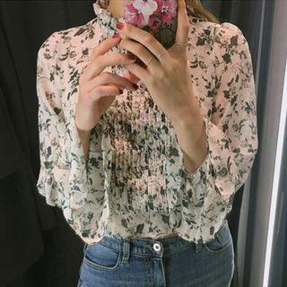 Pleated Floral Print Long Sleeve Chiffon Top