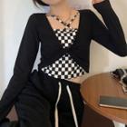 Long-sleeve Check Mock Two-piece Slim-fit Top