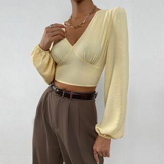 Long-sleeve V-neck Plain Crop Top