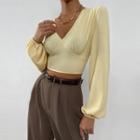 Long-sleeve V-neck Plain Crop Top