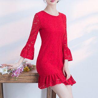 Ruffle Hem Bell-sleeve Lace Cocktail Dress