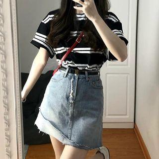 Short-sleeve Striped T-shirt / Denim A-line Skirt / Set