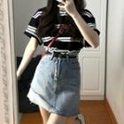 Short-sleeve Striped T-shirt / Denim A-line Skirt / Set