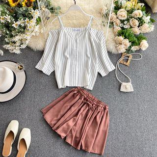 Set: Cold-shoulder Pinstriped Blouse + Wide Leg Shorts
