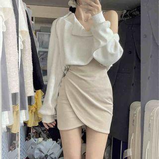 Zip Shoulder Cropped Sweatshirt / Spaghetti Strap Mini Bodycon Dress / Set