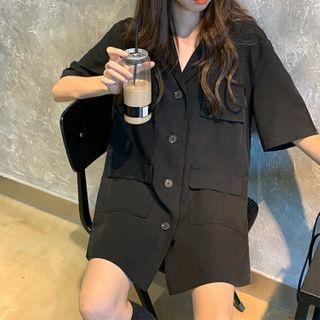 Elbow-sleeve Open-collar A-line Mini Shirtdress Black - One Size