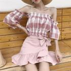 Puff-sleeve Off Shoulder Plaid Top