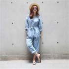 V-neck Jumpsuit With Sash Light Blue - One Size