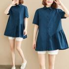 Plain Short-sleeve Lapel Shirt Blue - F