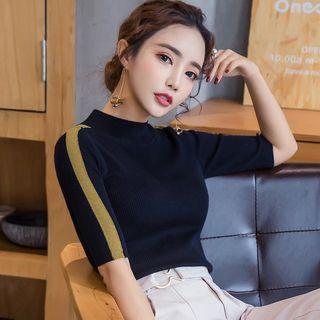 Mock-neck Color Block Elbow-sleeve Knit Top